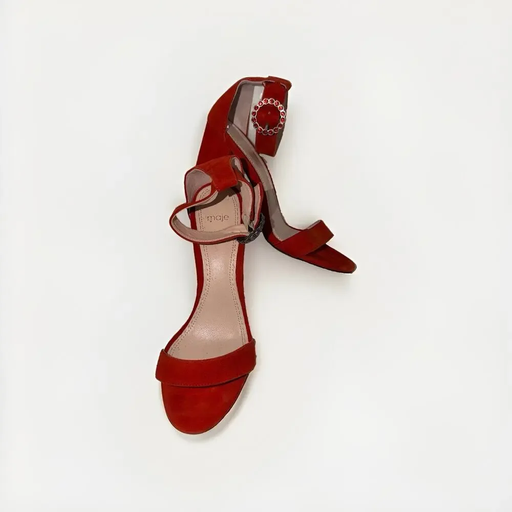 Maje Faria Red Suede Block Heel Sandals 37 US 6.5 Crystal Buckle Portugal JB2